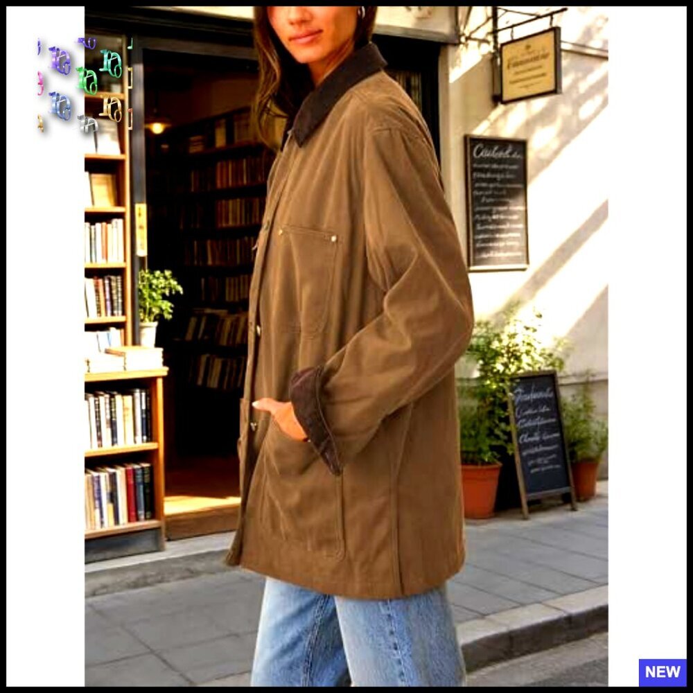 Oversized Cotton Barn Jacket Corduroy Collar Vintage Workwear with Pockets - Picture 2 of 7